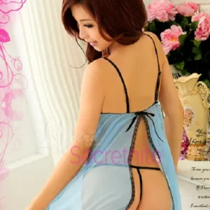 Sky blue babydoll set with matching thong and sheer lace fabric