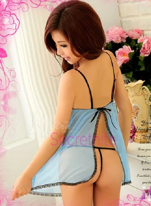 Sky blue babydoll set with matching thong and sheer lace fabric