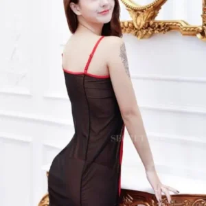 Cheongsam Babydoll, back view with sheer mesh and red trim