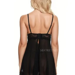 Lace Cutout Babydoll, black back view with sheer skirt and straps