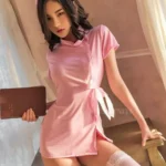 Nurse Costume Set, pink nurse costume set, front full view with button dress and nurse cap