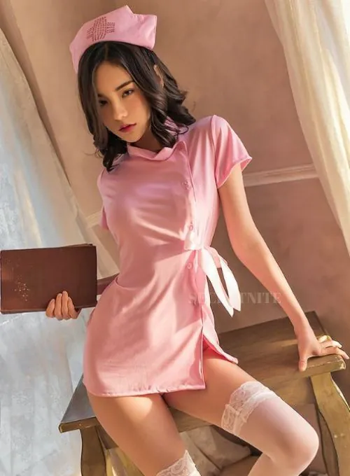 Nurse Costume Set, pink nurse costume set, front full view with button dress and nurse cap