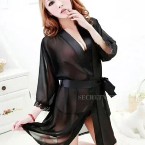 Sheer Lace Robe, black robe, kneeling view with V neck and belt