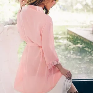 Sheer Lace Robe, pink back view with belt and lace trim