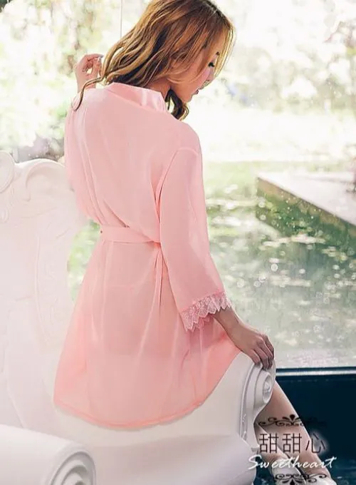 Sheer Lace Robe, pink back view with belt and lace trim